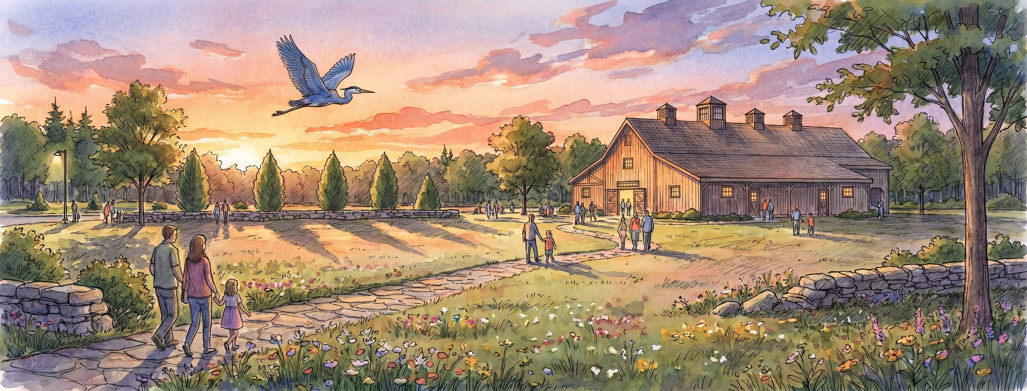 Traditional timber barn at dusk with warm amber sky