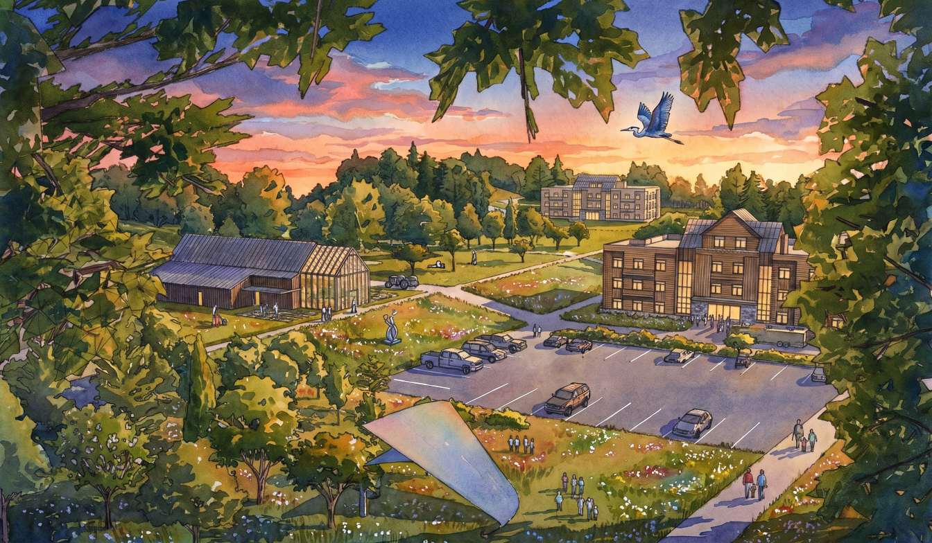 Aerial view of campus buildings and grounds