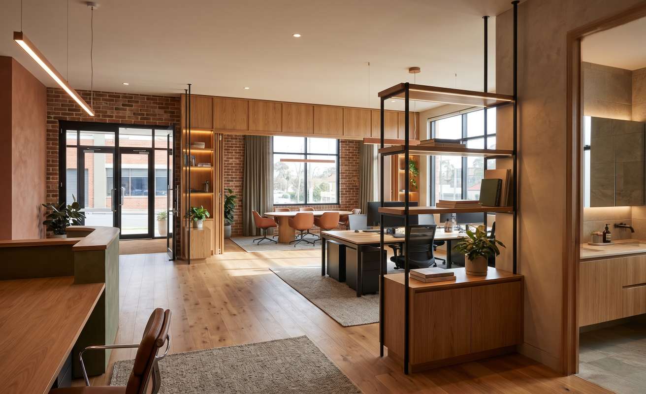 Modern kitchen interior with natural light and timber details