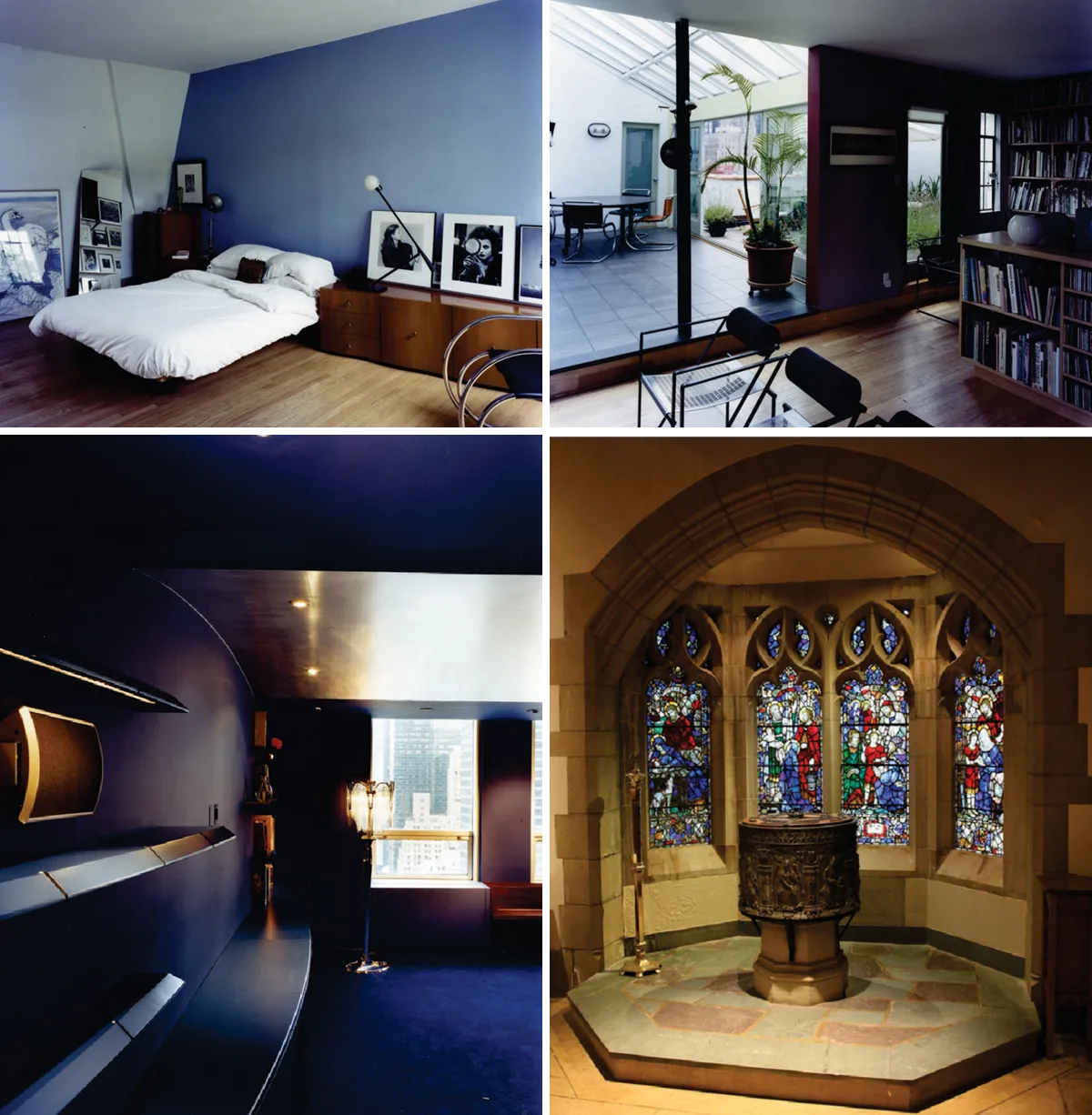 Four interiors: a bedroom with a deep blue wall and framed black-and-white photographs, a room under a glass roof with bookshelves and a potted palm, a dark blue curved corridor with a city window, and a stone chapel with a carved font beneath stained-glass windows