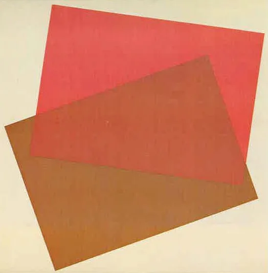 Color study of two tilted, overlapping rectangles, one red and one ochre, on a cream ground
