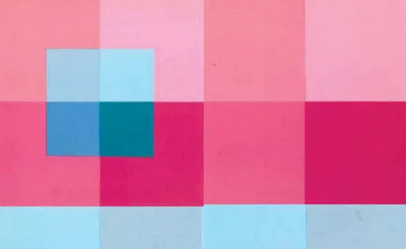 Color study of pink and rose paper squares, with smaller light blue, blue and teal squares laid across them