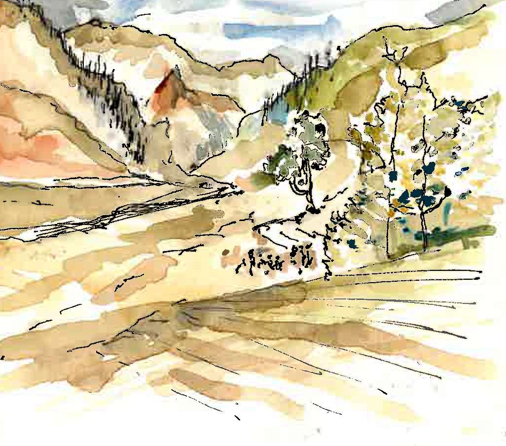 Watercolor field sketch of a mountain landscape with a structure