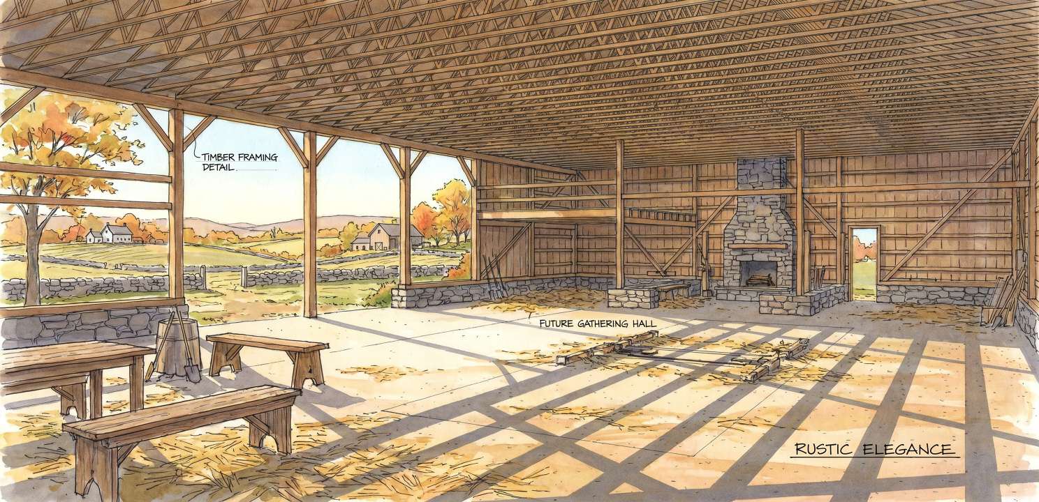 Architectural interior drawing of a timber-framed gathering hall