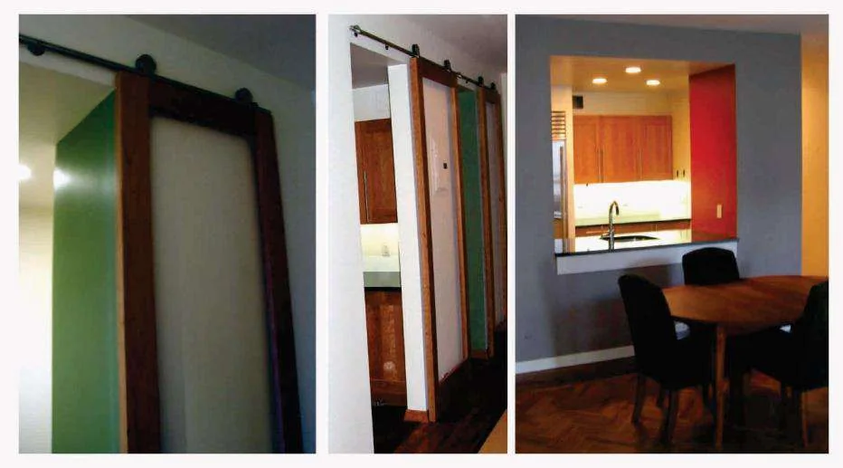 Three views of the apartment: cherry-framed sliding doors on a steel track, and a kitchen opening above a round dining table on herringbone floors