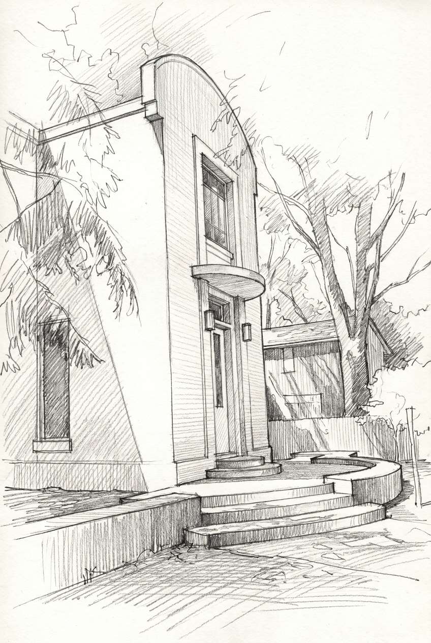Architectural pencil sketch of stone ruins