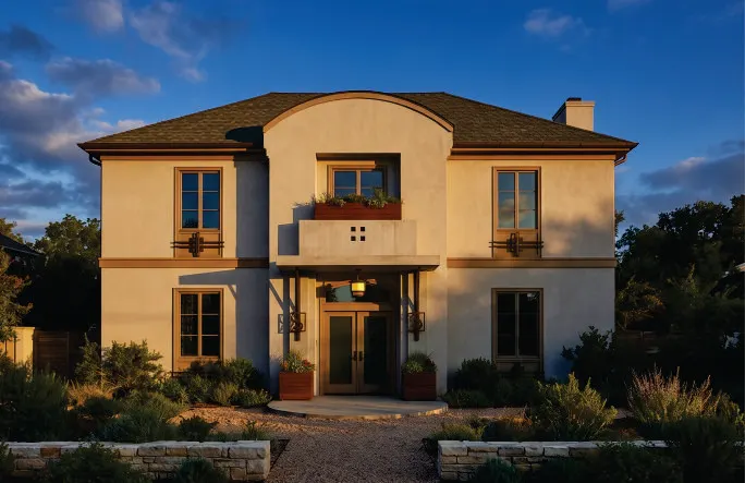 Two-story stucco residence with a curved parapet and planter balcony at dusk
